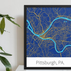 Pittsburgh, PA. - Game Royal & University Gold | College Town Minimalist Map in Official School Colors | Printed on Premium Wall Art