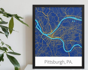 Pittsburgh, PA. - Game Royal & University Gold | College Town Minimalist Map in Official School Colors | Printed on Premium Wall Art