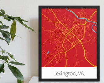 Lexington, VA. - Red & Yellow | College Town Minimalist Map in Official School Colors | Printed on Premium Wall Art