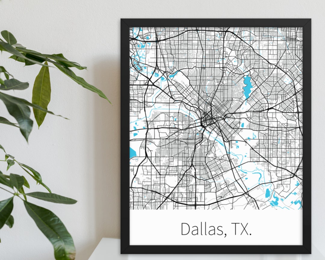 Dallas Simple Color Map Dallas, TX. | City Minimalist Map in Black and White | Printed on ...