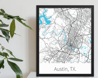 Austin, TX. | City Minimalist Map in Black and White | Printed on Premium Wall Art | Available on Poster, Framed Poster, and Canvas