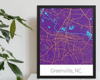 Greenville, NC. - Purple & Gold | College Town Minimalist Map in Official School Colors | Printed on Premium Wall Art