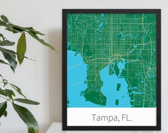 Tampa, FL. - Green & Gold | College Town Minimalist Map in Official School Colors | Printed on Premium Wall Art
