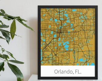 Orlando, FL. - Metallic Gold & Black | College Town Minimalist Map in Official School Colors | Printed on Premium Wall Art