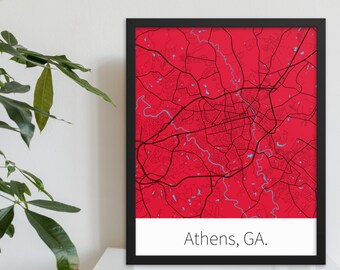 Athens, GA. - Red & Black | College Town Minimalist Map in Official School Colors | Printed on Premium Wall Art