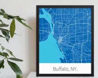 Buffalo, NY. - Blue & White | College Town Minimalist Map in Official School Colors | Printed on Premium Wall Art