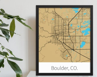 Boulder, CO. - Gold & Black | College Town Minimalist Map in Official School Colors | Printed on Premium Wall Art