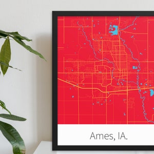 Ames, IA. - Cardinal & Gold | College Town Minimalist Map in Official School Colors | Printed on Premium Wall Art
