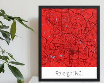 Raleigh, NC. - Red & Black | College Town Minimalist Map in Official School Colors | Printed on Premium Wall Art