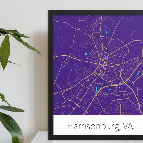 Harrisonburg, VA. - Purple & Gold | College Town Minimalist Map in Official School Colors | Printed on Premium Wall Art