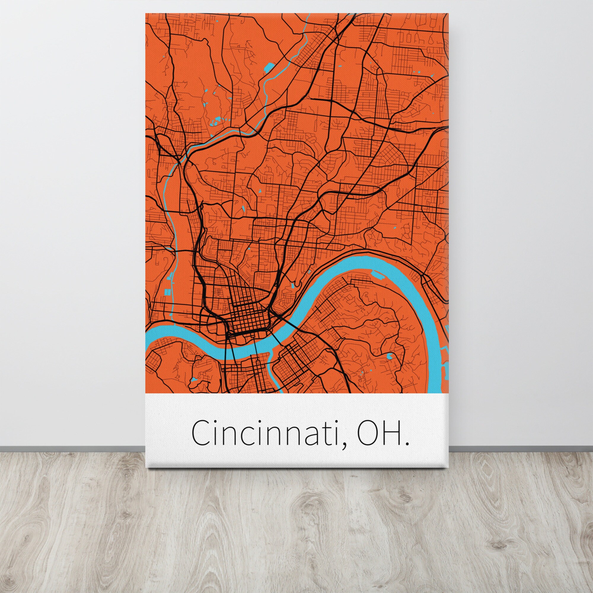 Cincinnati OH Orange Black Pro Sports Team City Minimalist Map In cincinnati-oh-orange-black-pro-sports-team-city-minimalist-map-in