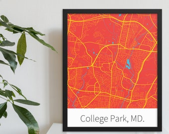 College Park, MD. - Red & Gold | College Town Minimalist Map in Official School Colors | Printed on Premium Wall Art