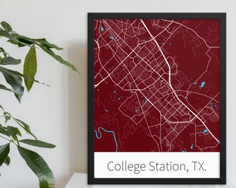 College Station, TX. - Maroon & White | College Town Minimalist Map in Official School Colors | Printed on Premium Wall Art