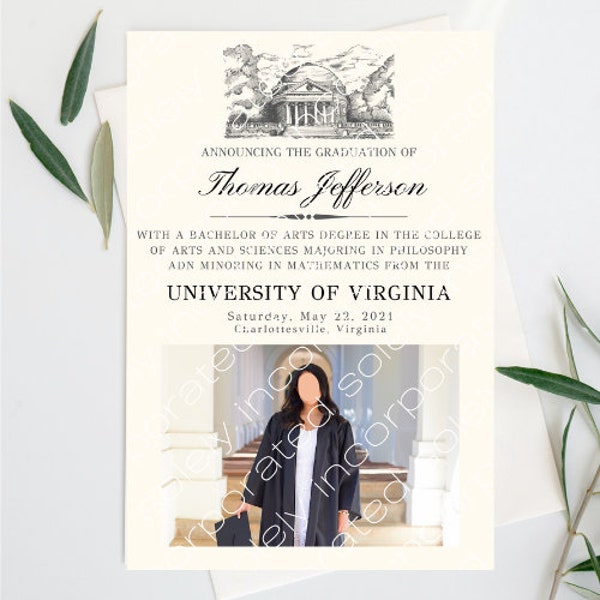 University of Virginia | Timeless, Elegant Graduation Announcement Letter [Easy Digital Download]