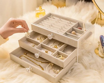 Three Layer Transparent Jewelry Box, For Earrings, Necklaces, Rings, And Bracelets.