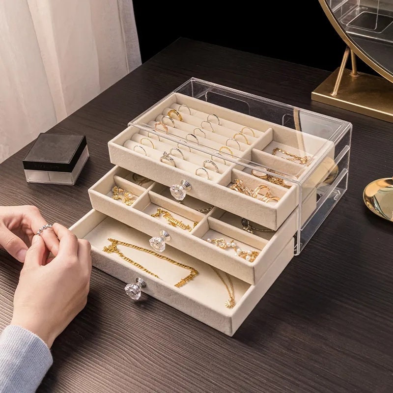 Transparent Three Layer Jewelry Stores Organizer Box With Velvet