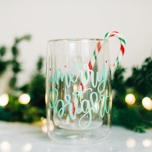 Beautiful &quot;Merry and Bright&quot; Double Wall Glass Coffee Mug