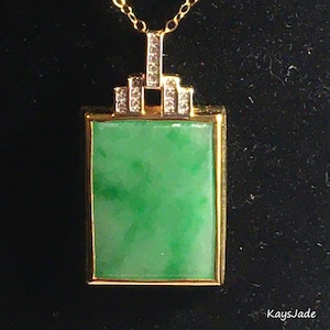 Designer- KaysJade Green Jade with diamond Pendant, 15k Yellow Gold - modern