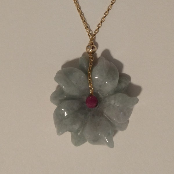 Jade Jadeite Carved Flower Pendant, Sterling Silver or Gold Filled chain, with one 3.5mm faceted ruby emerald or garnet