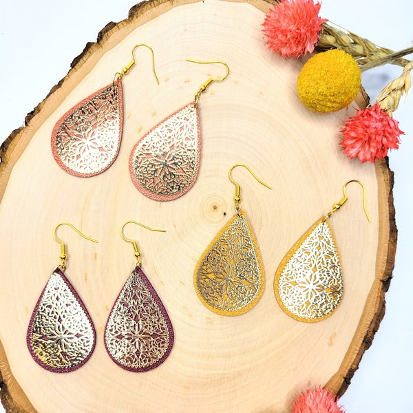 Faux leather gold filigree teardrop earrings,  Double-sided faux leather and gold charm tear drop earrings,  modern boho teardrop earrings