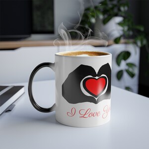 Coffee Mug - Color Morphing - I Heart You Hands with a Red and Black Heart plus Big Red Lips with Kiss - 11oz