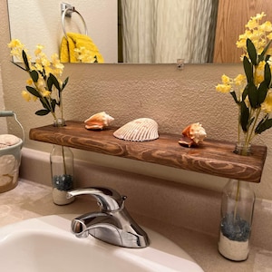 Bathroom Sink Organizer, Live Edge, Decorative Countertop Shelf, Custom Stain Colors Available