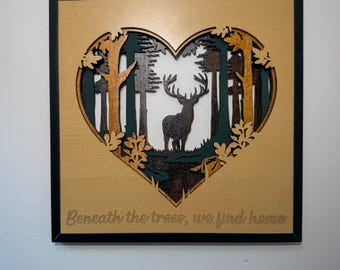 Layered Wood Deer Forest Wall Art: Rustic Cabin Decor