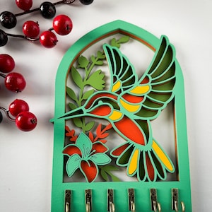 Colorful Hummingbird Key Holder | Laser-Cut Bird Wall Decor | Nature-Inspired Key Rack | Wooden Key Hook | Hummingbird Lover Gift | 6 Hooks