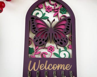 Butterfly Welcome Key Holder: Laser Cut Floral Wall Decor