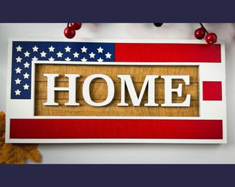 Patriotic HOME Sign: Rustic American Flag Wood Wall Decor, 14"