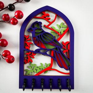 Colorful Bird Key Holder | Laser-Cut Cardinal Wall Decor | Nature-Inspired Key Rack | Rustic Wooden Key Hook | Bird Lover Gift | 6 Hooks