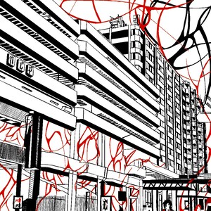 Puede incluir: Ilustración en blanco y negro de una calle de la ciudad con edificios altos y líneas abstractas rojas. Dos personas caminan por la acera.