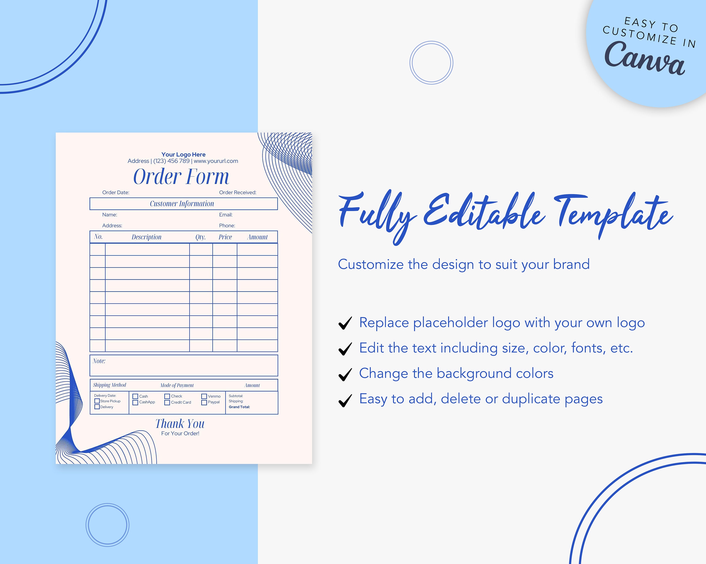 Modern Printable Order Form Template Fully Editable on CANVA FREE Small ...