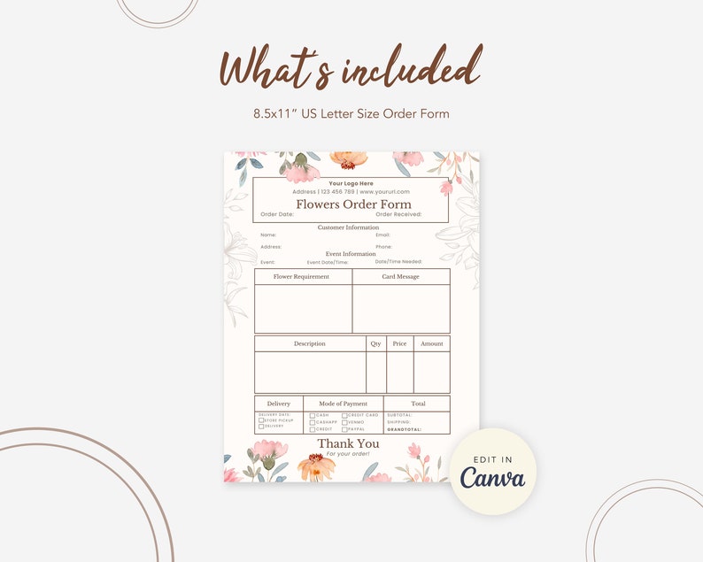 Flower Order Form Template Printable and Fully Editable CANVA FREE