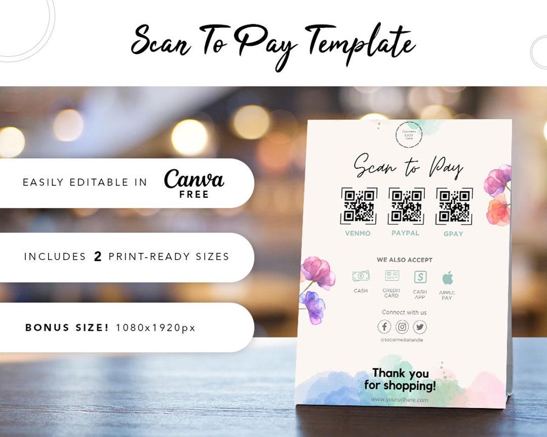 Flower Printable Payment Sign Cash App Sign for Businesses Canva Fully Editable Scan to Pay