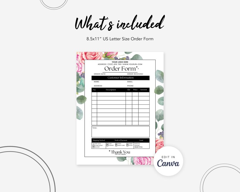 Flower Order Form Template Printable Fully Editable CANVA FREE Small