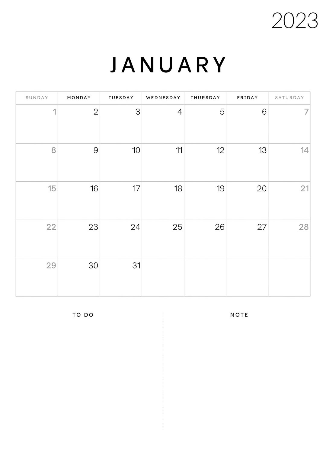 Minimalist 2023 Printable Calendar, Sunday Start, Instand Download PDF ...
