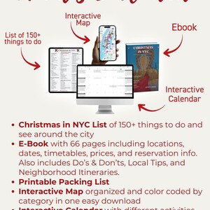 May include: An advertisement graphic titled "What's Included" in a handwritten style. It features a list of 150+ things to do, an interactive map, an ebook, and an interactive calendar. The text describes the features of a Christmas in NYC guide.