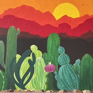 Grande pintura original em acrílico 48x60 sobre tela: Cartas de amor para o cacto da coleção do deserto e a cordilheira de Franklin ao pôr do sol