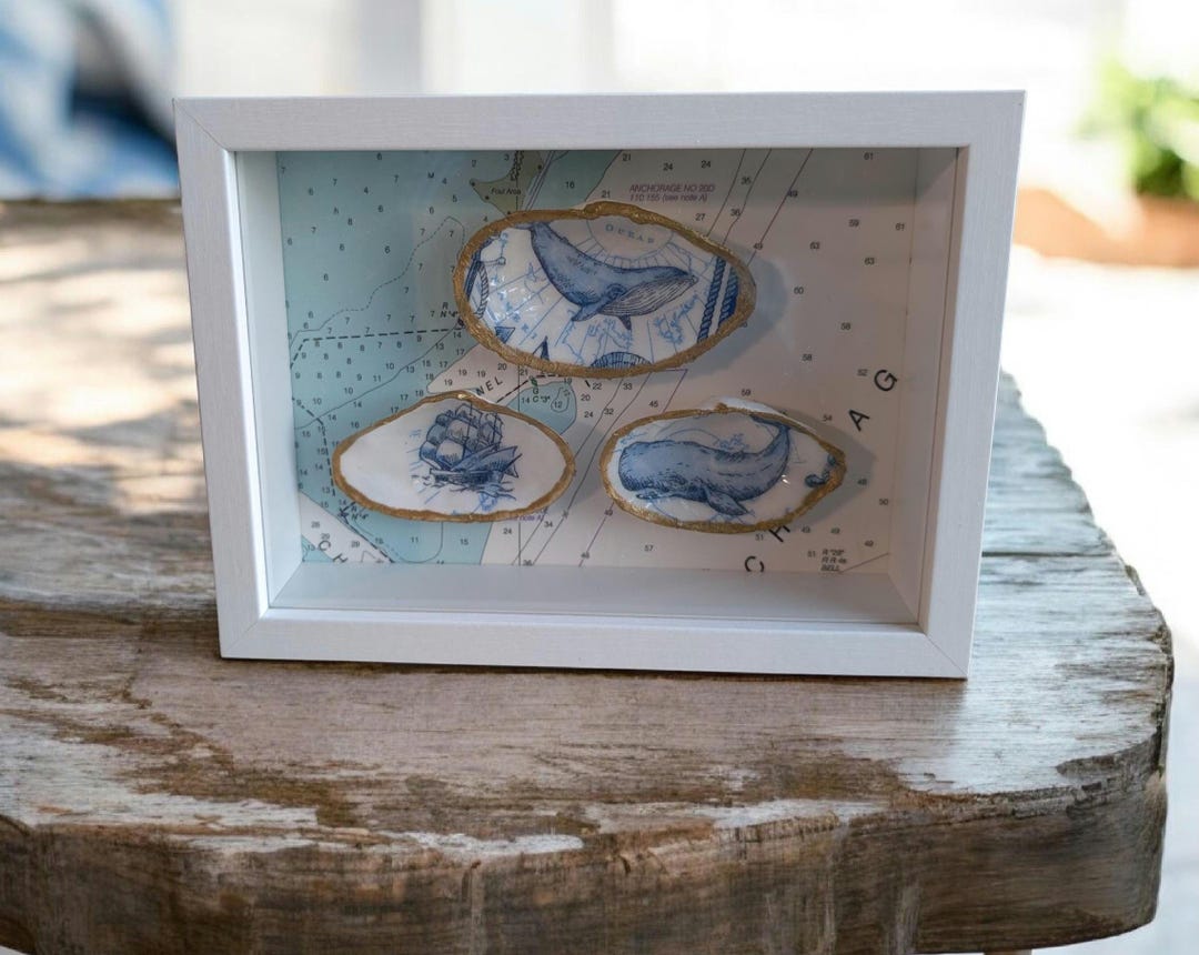 Shells Decoration Box Shadow Box 5x7 Decoupage Clam Shells Nautical Chart Beach Decor Cottage ...