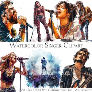 Aquarel zangers clipartset van 20 bestanden met directe download en commercieel gebruik, png- en pdf-indeling, perfect voor doe-het-zelvers.
