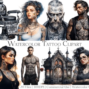Aquarell Tattoo Clipart-Set 20 Dateien mit sofortigem Download und kommerzielle Nutzung, PNG + PDF-Format, perfekt für das Basteln