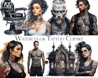 Watercolor Tattoo Clipart Set of 20 Files with Instant Download & Commercial Use, PNG + PDF Format, Perfect for Crafts