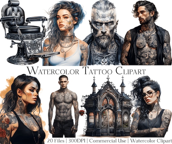 Watercolor Tattoo Clipart: Gothic Tattoo Designs (PNG + PDF)