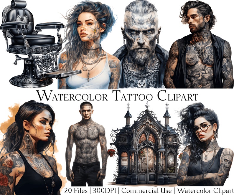 May include: A set of 20 watercolor tattoo clipart images. The images include a vintage barber chair, a gothic building, and several people with tattoos. The images are high-resolution and perfect for use in digital and print projects.