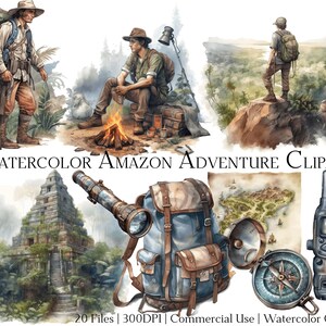 Aquarell Amazonas Abenteuer Clipart-Set, 20-Dateien mit sofortigem Download und kommerzielle Nutzung, PNG + PDF-Format, perfekt für Heimwerker