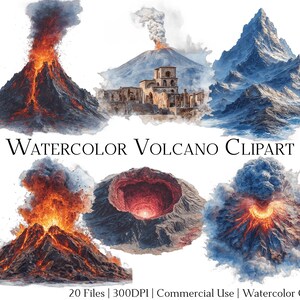 Conjunto de 20 archivos de imágenes prediseñadas de volcán de acuarela con descarga instantánea y uso comercial, formato PNG + PDF, manualidades de bricolaje.
