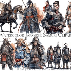 Watercolor Gothic Japanese Samurai Warrior Clipart Set of 21 Files with Instant Download & Commercial Use, PNG + PDF Format, DIY Crafts.