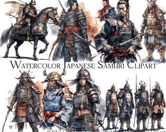 Conjunto de imágenes prediseñadas de samuráis góticos en acuarela: Gráficos de guerreros japoneses (PNG + PDF)