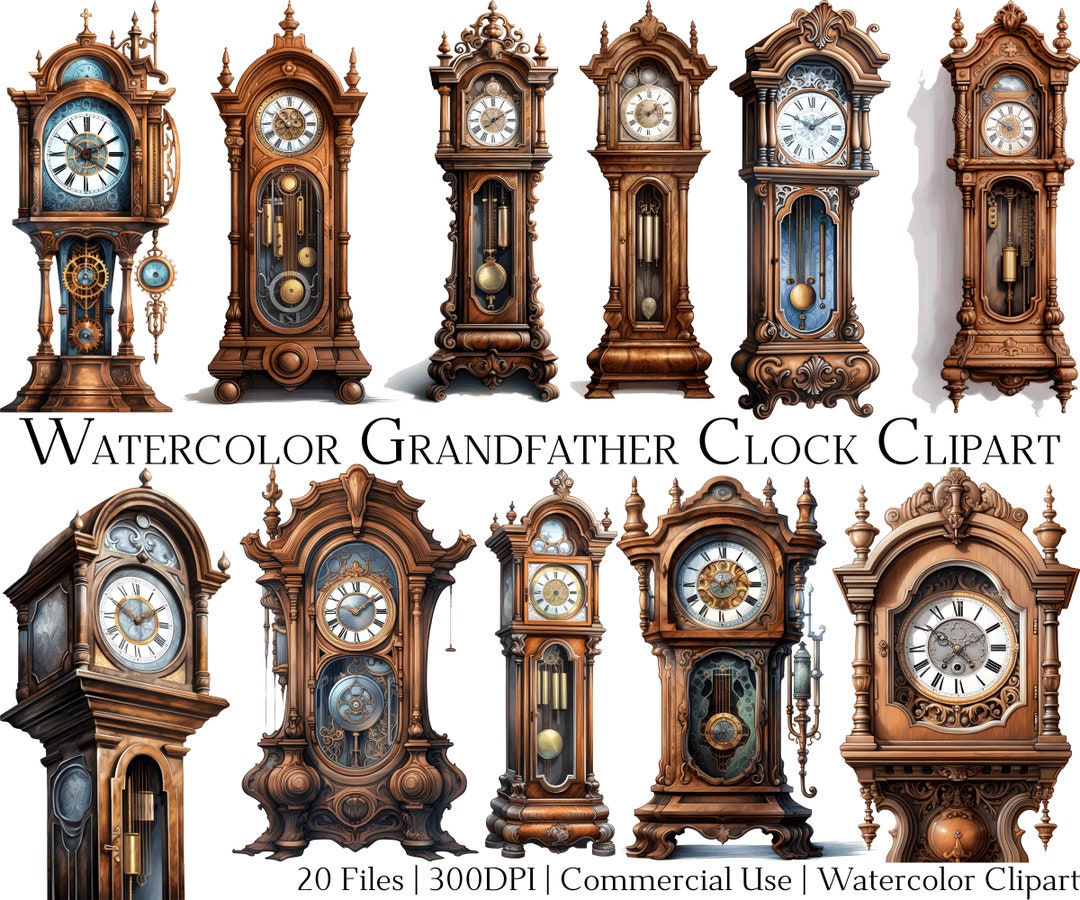 Watercolor Grandfathers Clocks Clipart Set of 20 Files With Instant